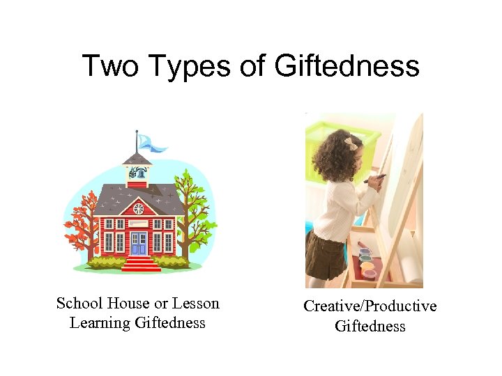 Two Types of Giftedness School House or Lesson Learning Giftedness Creative/Productive Giftedness 