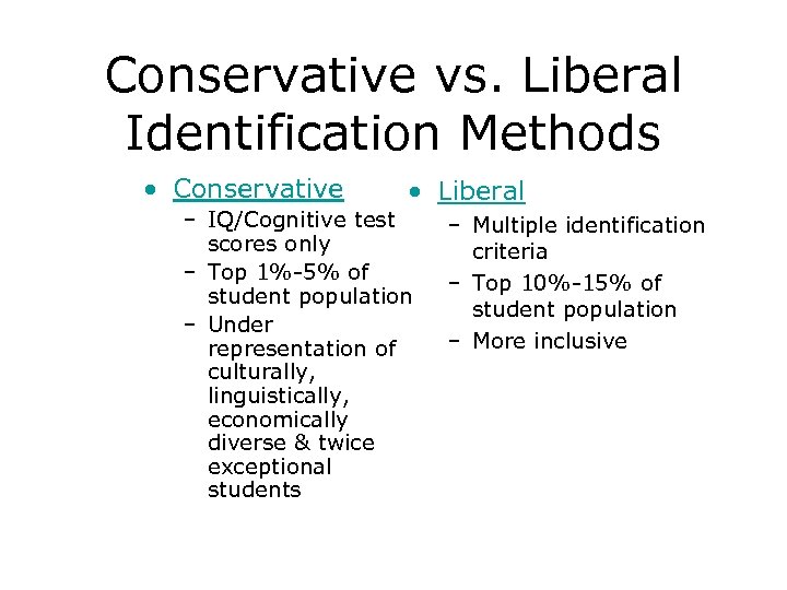 Conservative vs. Liberal Identification Methods • Conservative • Liberal – IQ/Cognitive test scores only