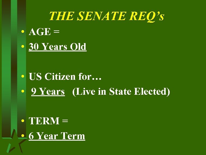 THE SENATE REQ’s • AGE = • 30 Years Old • US Citizen for…