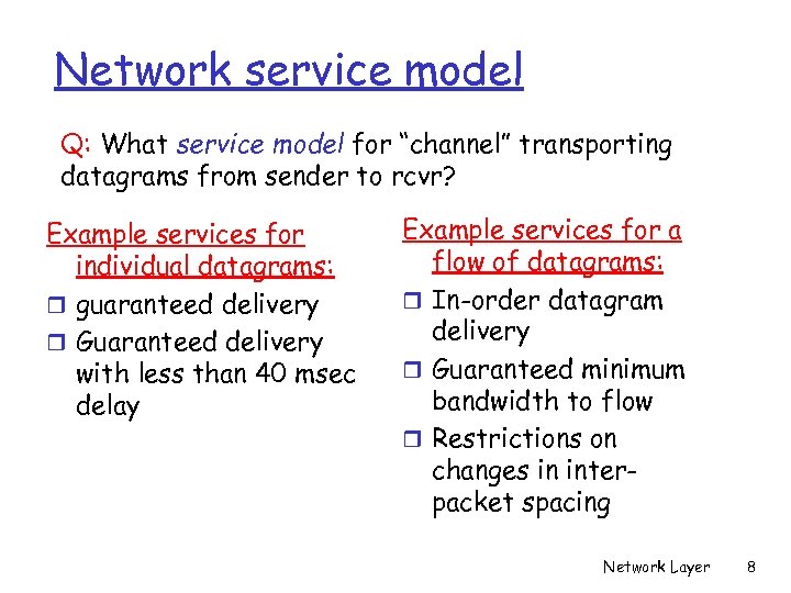 Network service model Q: What service model for “channel” transporting datagrams from sender to