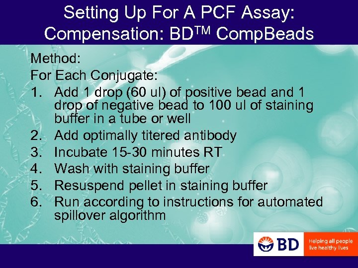 Setting Up For A PCF Assay: Compensation: BDTM Comp. Beads Method: For Each Conjugate: