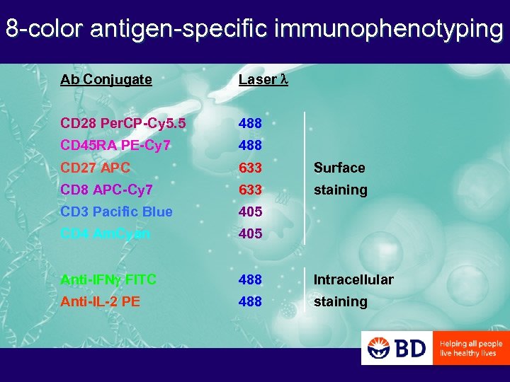 8 -color antigen-specific immunophenotyping Ab Conjugate Laser l CD 28 Per. CP-Cy 5. 5