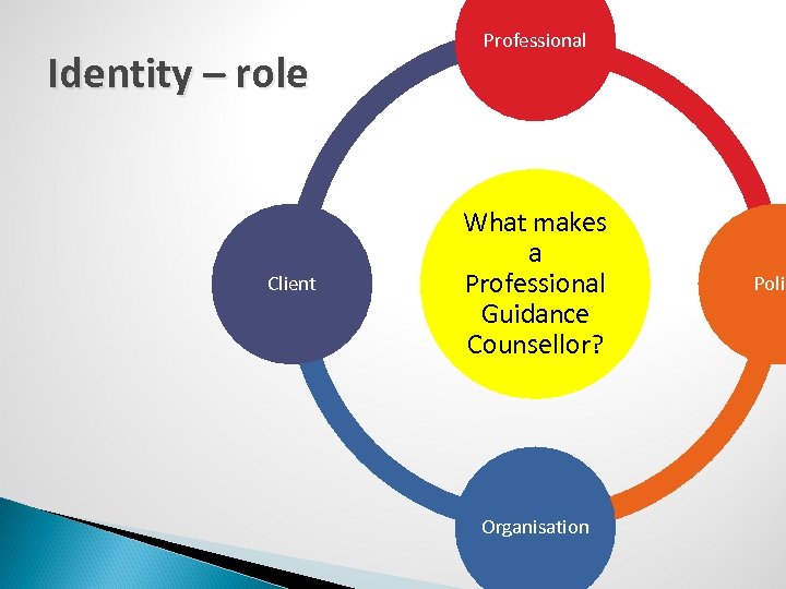 Identity – role Client Professional What makes a Professional Guidance Counsellor? Organisation Polic 