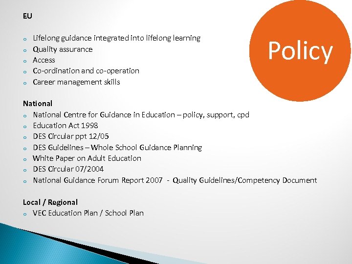 EU o o o Lifelong guidance integrated into lifelong learning Quality assurance Access Co-ordination