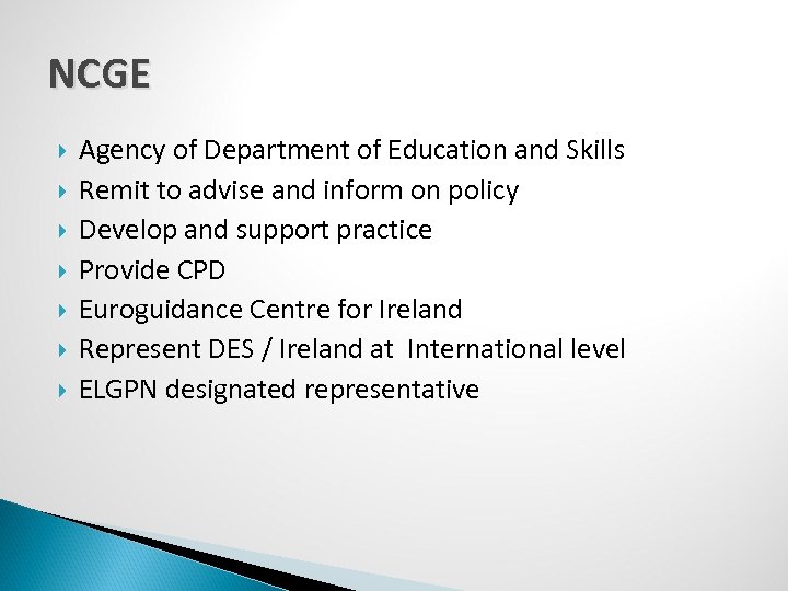NCGE Agency of Department of Education and Skills Remit to advise and inform on