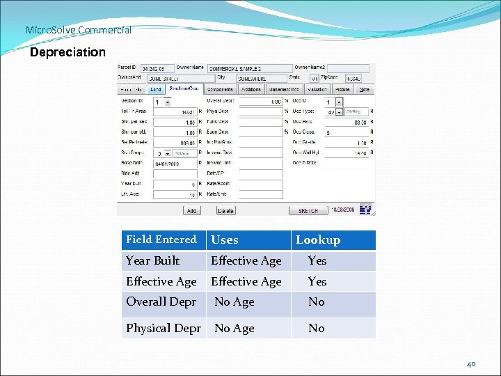 Micro. Solve Commercial Depreciation Field Entered Uses Lookup Year Built Effective Age Yes Overall