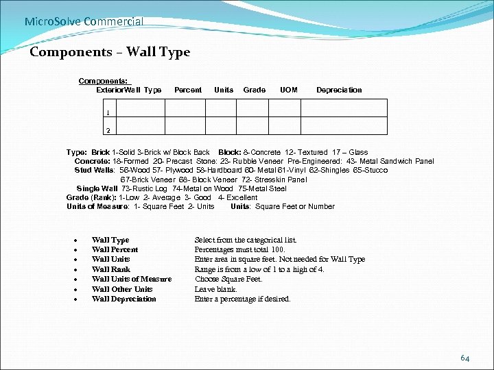 Micro. Solve Commercial Components – Wall Type Components: Exterior. Wall Type Percent Units Grade