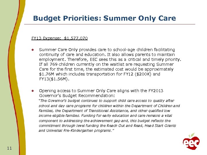 Budget Priorities: Summer Only Care FY 13 Expense: $1, 577, 070 l Summer Care