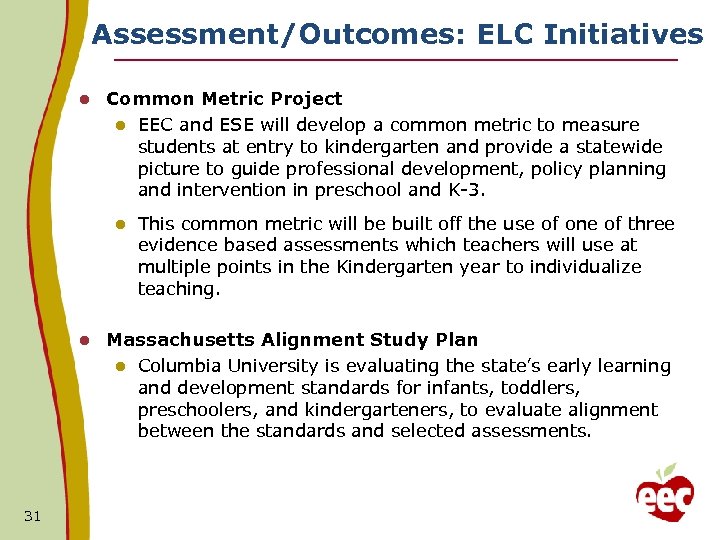 Assessment/Outcomes: ELC Initiatives l Common Metric Project l EEC and ESE will develop a