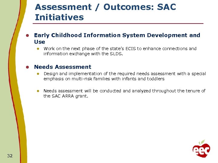 Assessment / Outcomes: SAC Initiatives l Early Childhood Information System Development and Use l