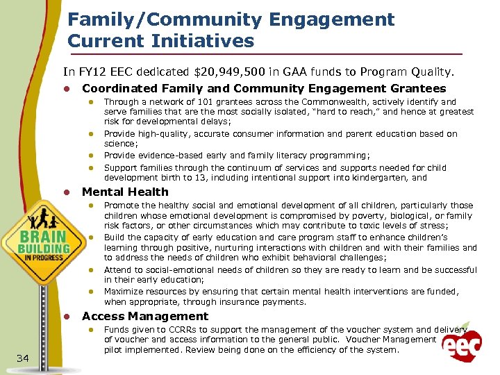 Family/Community Engagement Current Initiatives In FY 12 EEC dedicated $20, 949, 500 in GAA