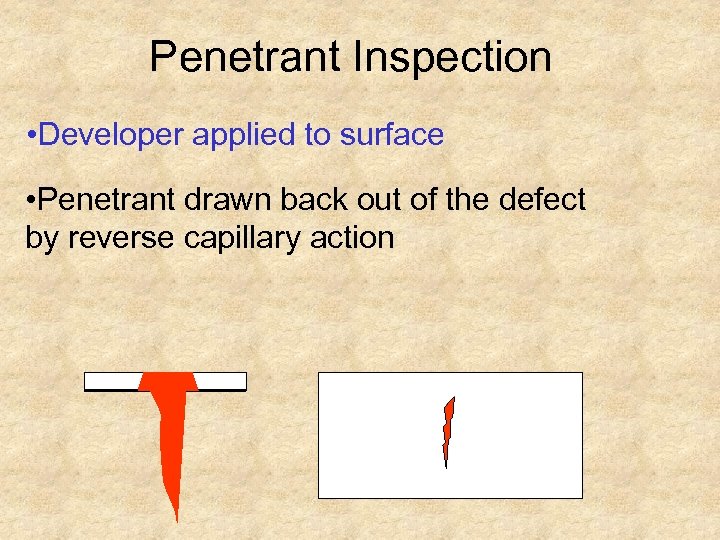 Penetrant Inspection • Developer applied to surface • Penetrant drawn back out of the