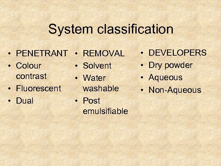 System classification • PENETRANT • • Colour • contrast • • Fluorescent • Dual