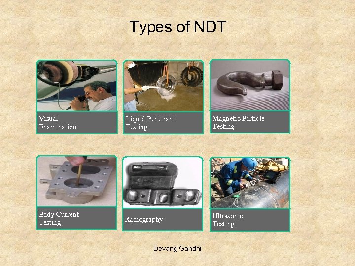 Types of NDT Visual Examination Liquid Penetrant Testing Magnetic Particle Testing Eddy Current Testing