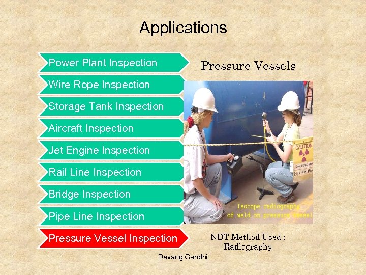 Applications Power Plant Inspection Pressure Vessels Wire Rope Inspection Storage Tank Inspection Aircraft Inspection