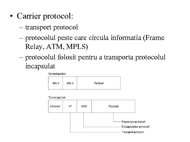  • Carrier protocol: – transport protocol – protocolul peste care circula informatia (Frame