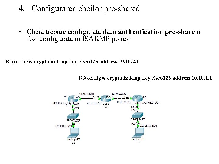 4. Configurarea cheilor pre-shared • Cheia trebuie configurata daca authentication pre-share a fost configurata