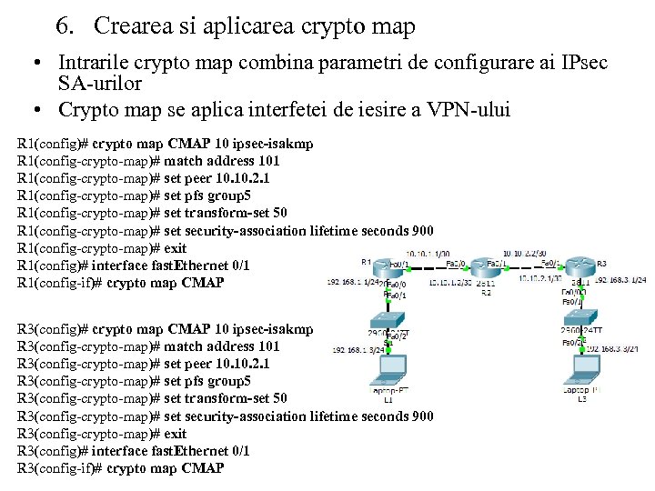 6. Crearea si aplicarea crypto map • Intrarile crypto map combina parametri de configurare