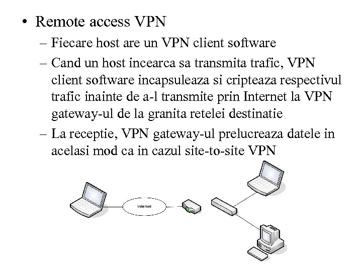  • Remote access VPN – Fiecare host are un VPN client software –