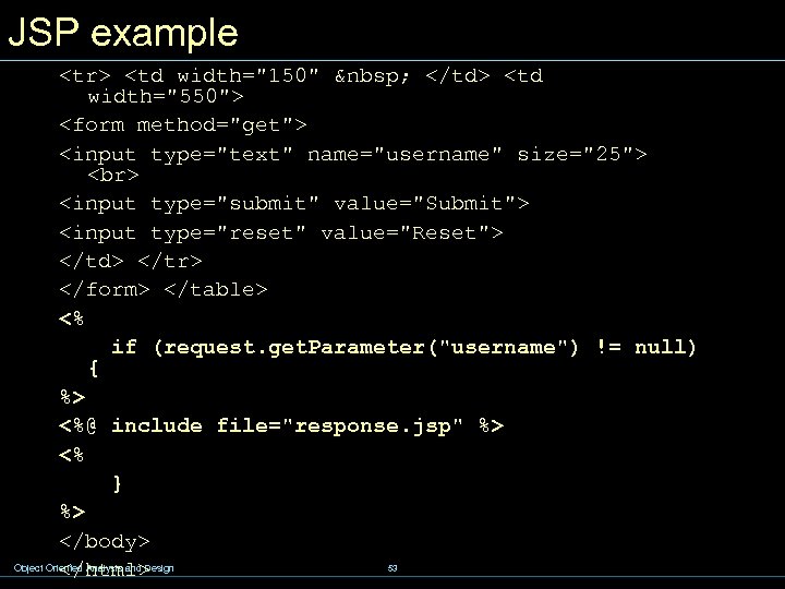 JSP example <tr> <td width="150" &nbsp; </td> <td width="550"> <form method="get"> <input type="text" name="username"