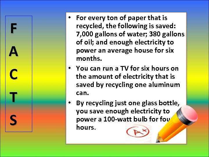 F A C T S • For every ton of paper that is recycled,