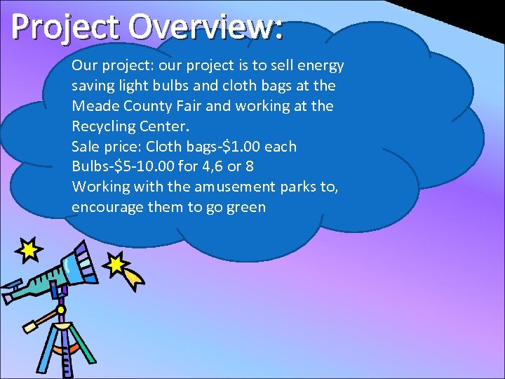 Project Overview: Our project: our project is to sell energy saving light bulbs and