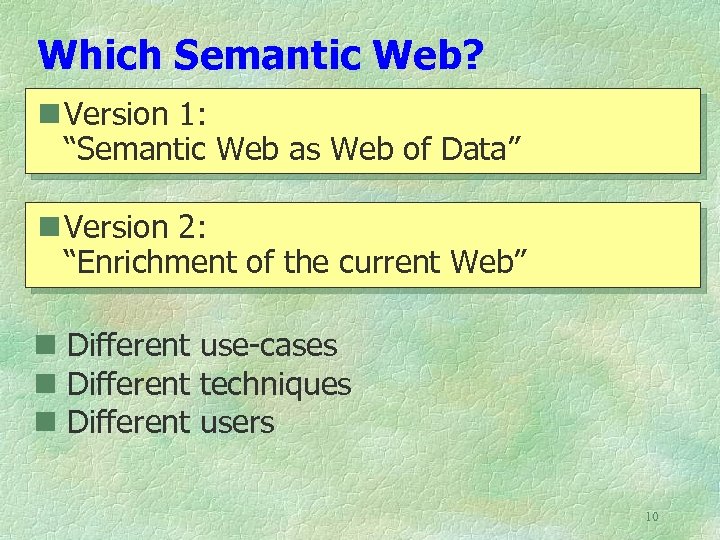 Which Semantic Web? n Version 1: “Semantic Web as Web of Data” n Version