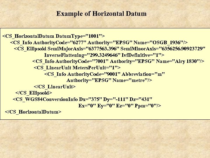 Example of Horizontal Datum <CS_Horizontal. Datum. Type="1001"> <CS_Info Authority. Code="6277" Authority="EPSG" Name="OSGB_1936"/> <CS_Ellipsoid Semi.