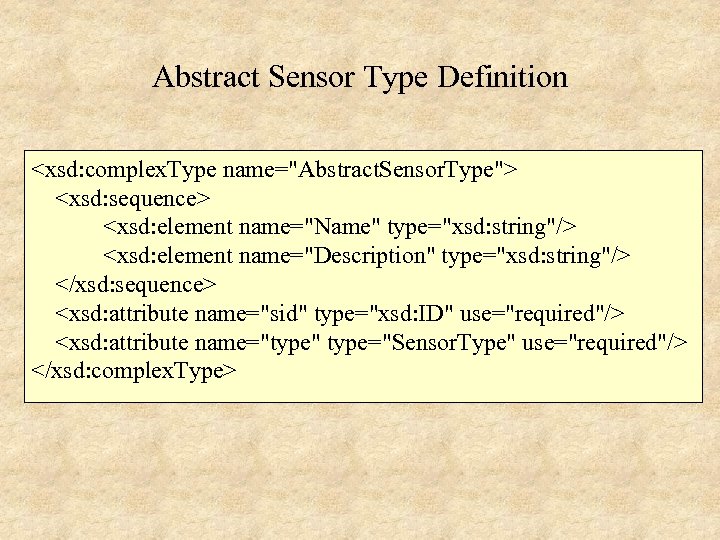 Abstract Sensor Type Definition <xsd: complex. Type name="Abstract. Sensor. Type"> <xsd: sequence> <xsd: element