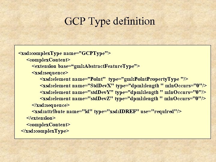 GCP Type definition <xsd: complex. Type name=”GCPType"> <complex. Content> <extension base=“gml: Abstract. Feature. Type”>