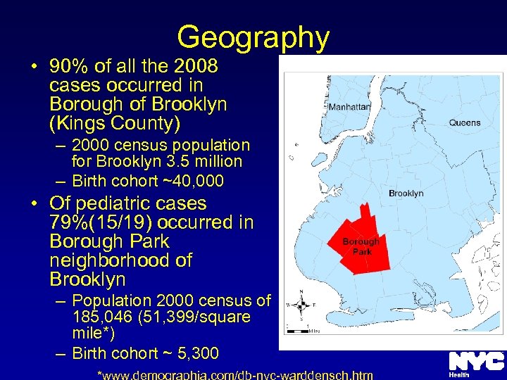 Geography • 90% of all the 2008 cases occurred in Borough of Brooklyn (Kings