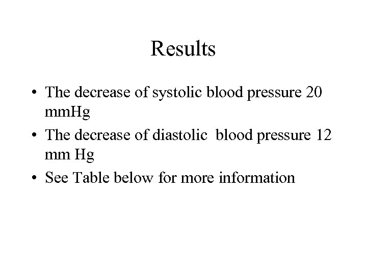 Results • The decrease of systolic blood pressure 20 mm. Hg • The decrease