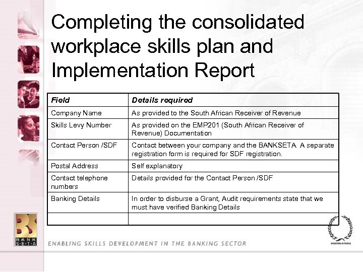 Completing the consolidated workplace skills plan and Implementation Report Field Details required Company Name