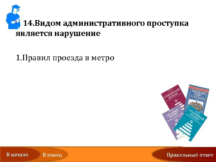 14. Видом административного проступка является нарушение 1. Правил проезда в метро 2. Трудовой дисциплины
