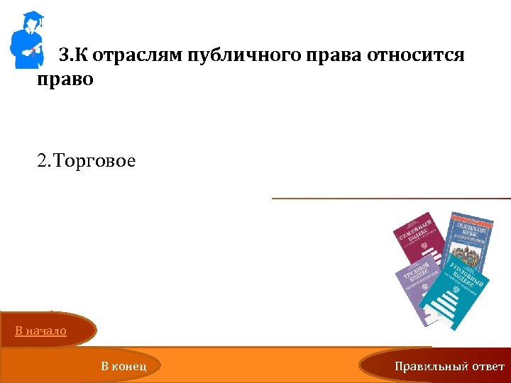3. К отраслям публичного права относится право 1. Гражданское 2. Торговое 3. Авторское 4.