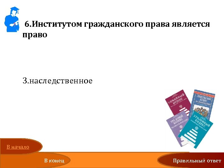 6. Институтом гражданского права является право 1. гуманитарное 2. международное 3. наследственное 4. политическое