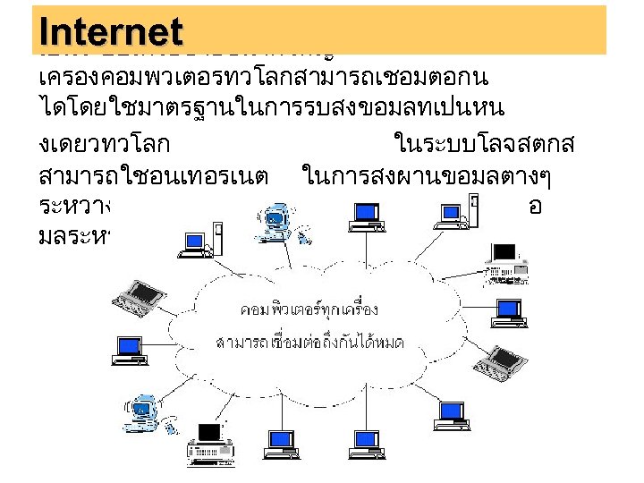 INTERNET )อนเทอรเนต ) Internet เปนระบบเครอขายขนาดใหญ เครองคอมพวเตอรทวโลกสามารถเชอมตอกน ไดโดยใชมาตรฐานในการรบสงขอมลทเปนหน งเดยวทวโลก ในระบบโลจสตกส สามารถใชอนเทอรเนต ในการสงผานขอมลตางๆ ระหวางกจกรรมเพอประสานงานและแลกเปลยนขอ มลระหวางกนอยางเปดเผย 