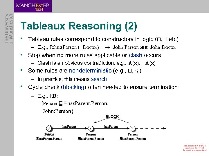 Tableaux Reasoning (2) • Tableau rules correspond to constructors in logic (u, 9 etc)