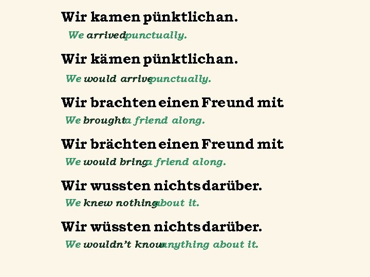 Wir kamen pünktlichan. We arrivedpunctually. Wir kämen pünktlichan. We would arrive punctually. Wir brachten