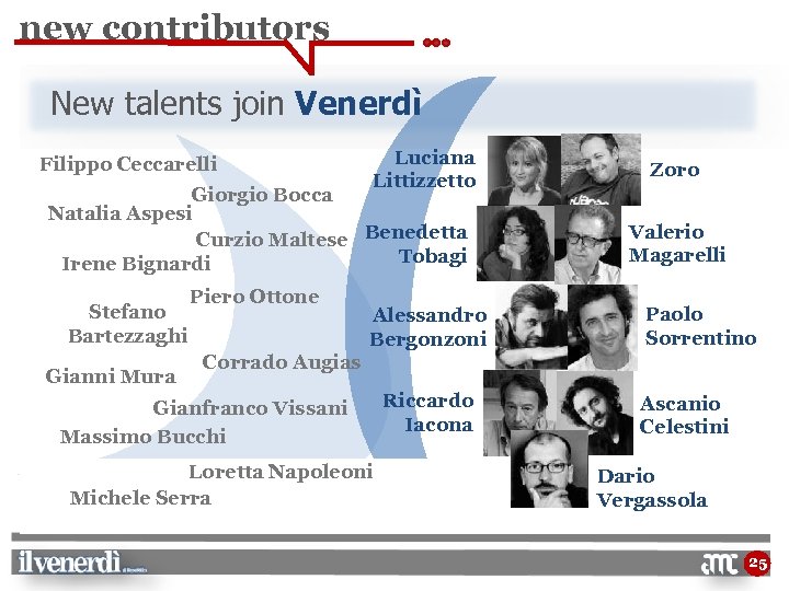 new contributors New talents join Venerdì Filippo Ceccarelli Luciana Littizzetto Giorgio Bocca Natalia Aspesi