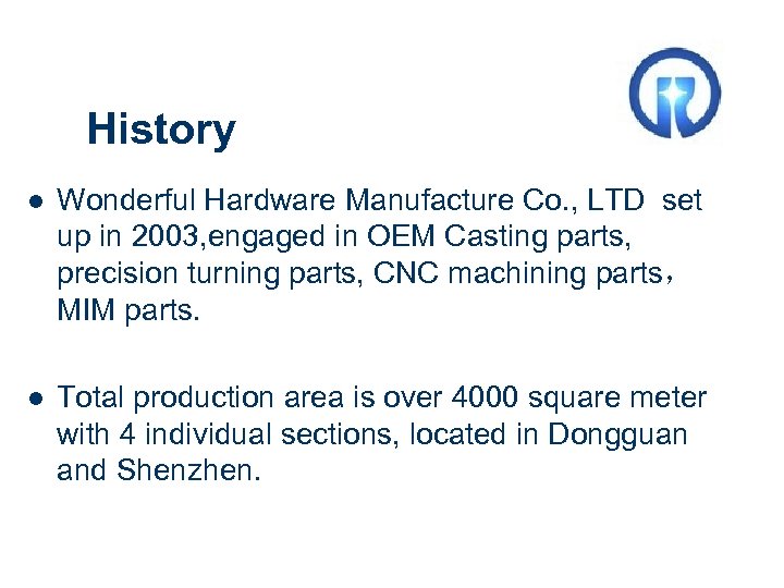 History l Wonderful Hardware Manufacture Co. , LTD set up in 2003, engaged in
