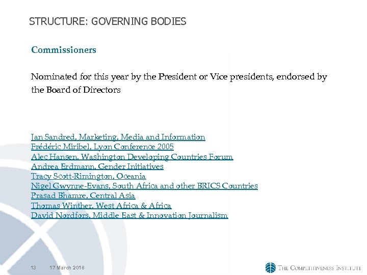 STRUCTURE: GOVERNING BODIES Commissioners Nominated for this year by the President or Vice presidents,