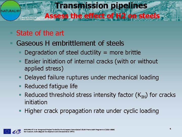 Transmission pipelines Assess the effect of H 2 on steels Preparing for the Hydrogen