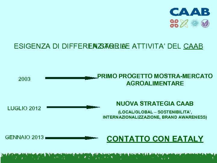 ESIGENZA DI DIFFERENZIARE LE ATTIVITA’ DEL CAAB LA STORIA: 2003 LUGLIO 2012 GENNAIO 2013