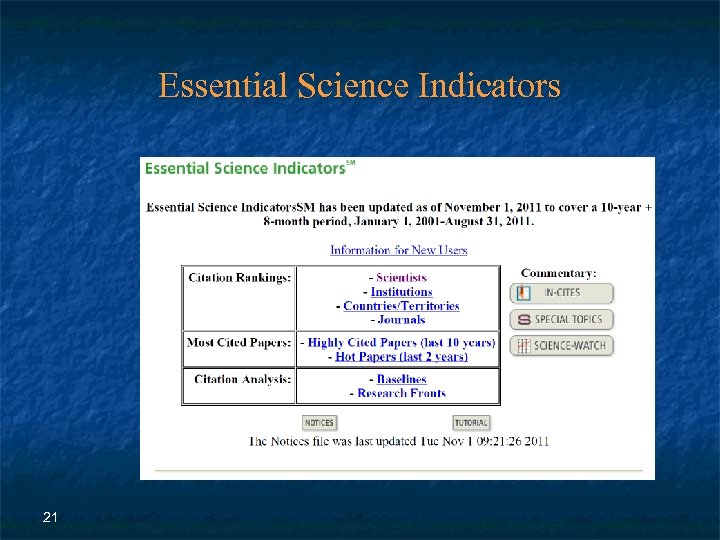 Essential Science Indicators 21 
