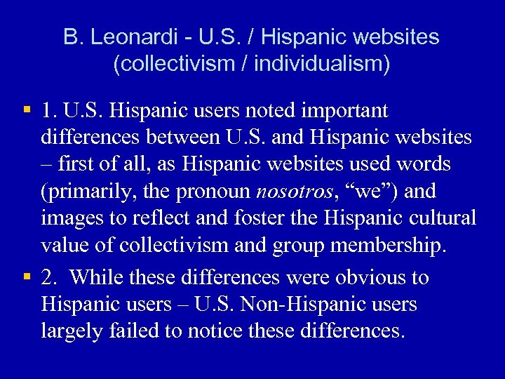 B. Leonardi - U. S. / Hispanic websites (collectivism / individualism) § 1. U.