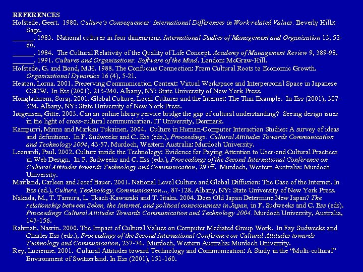REFERENCES Hofstede, Geert. 1980. Culture’s Consequences: International Differences in Work-related Values. Beverly Hills: Sage.