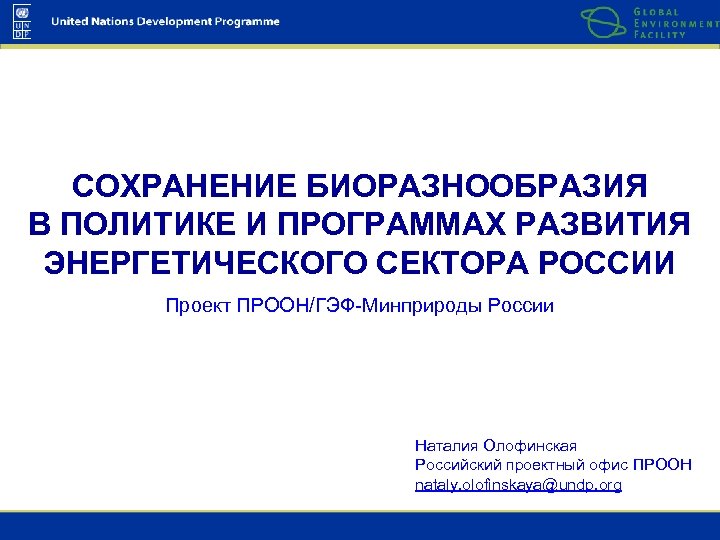 СОХРАНЕНИЕ БИОРАЗНООБРАЗИЯ В ПОЛИТИКЕ И ПРОГРАММАХ РАЗВИТИЯ ЭНЕРГЕТИЧЕСКОГО СЕКТОРА РОССИИ Проект ПРООН/ГЭФ-Минприроды России Наталия