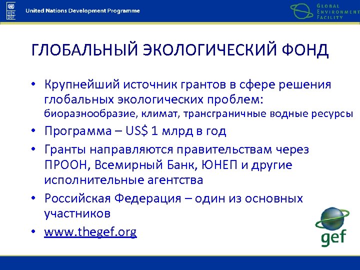 ГЛОБАЛЬНЫЙ ЭКОЛОГИЧЕСКИЙ ФОНД • Крупнейший источник грантов в сфере решения глобальных экологических проблем: биоразнообразие,