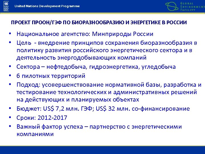 ПРОЕКТ ПРООН/ГЭФ ПО БИОРАЗНООБРАЗИЮ И ЭНЕРГЕТИКЕ В РОССИИ • Национальное агентство: Минприроды России •